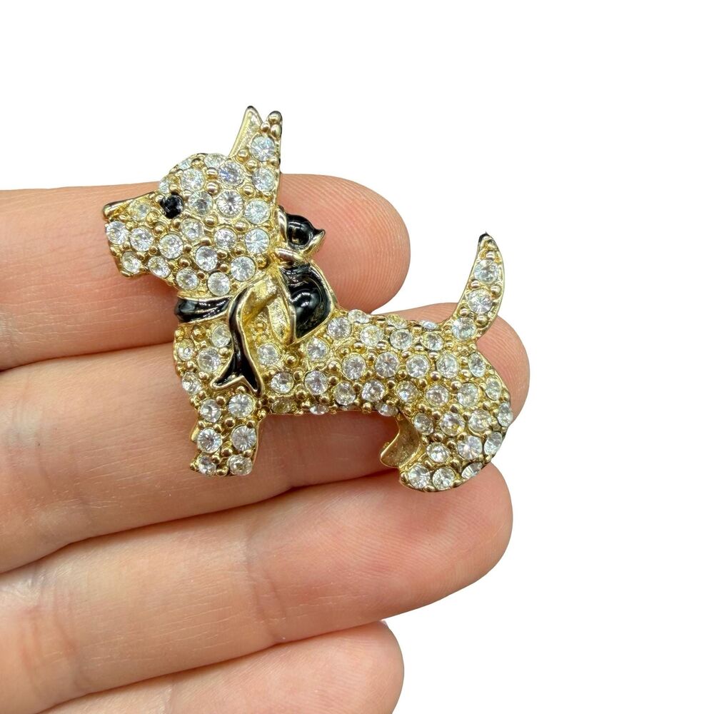 Vintage Monet Rhinestone Dog Brooch Pin Scottie Scottish Terrier Black Bow 1990s